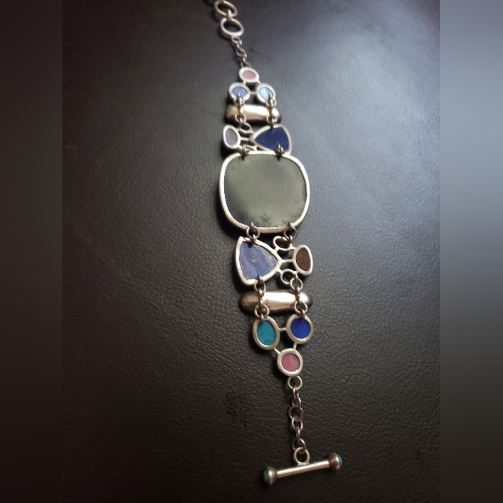 WHITNEY KELLY STERLING SILVER 925 MULTI-GEMSTONE GEOMETRIC TOGGLE BRACELET 7-8" - Picture 2 of 3
